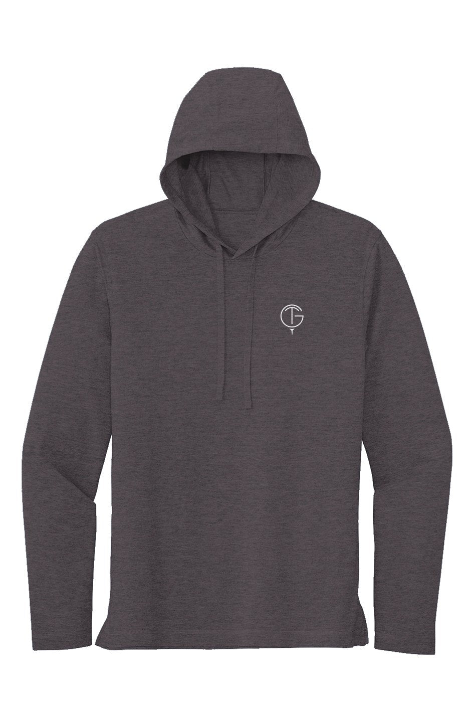 Sport Tek Long Sleeve Hoodie in dark grey tri-blend fabric with a minimalist logo on the chest and a drawstring hood.