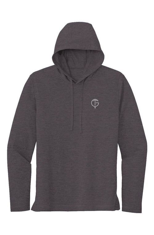 Sport Tek Long Sleeve Hoodie in dark grey tri-blend fabric with a minimalist logo on the chest and a drawstring hood.