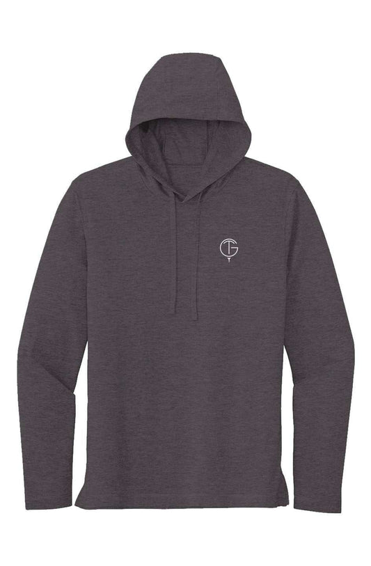 Sport Tek Long Sleeve Hoodie in dark grey tri-blend fabric with a minimalist logo on the chest and a drawstring hood.