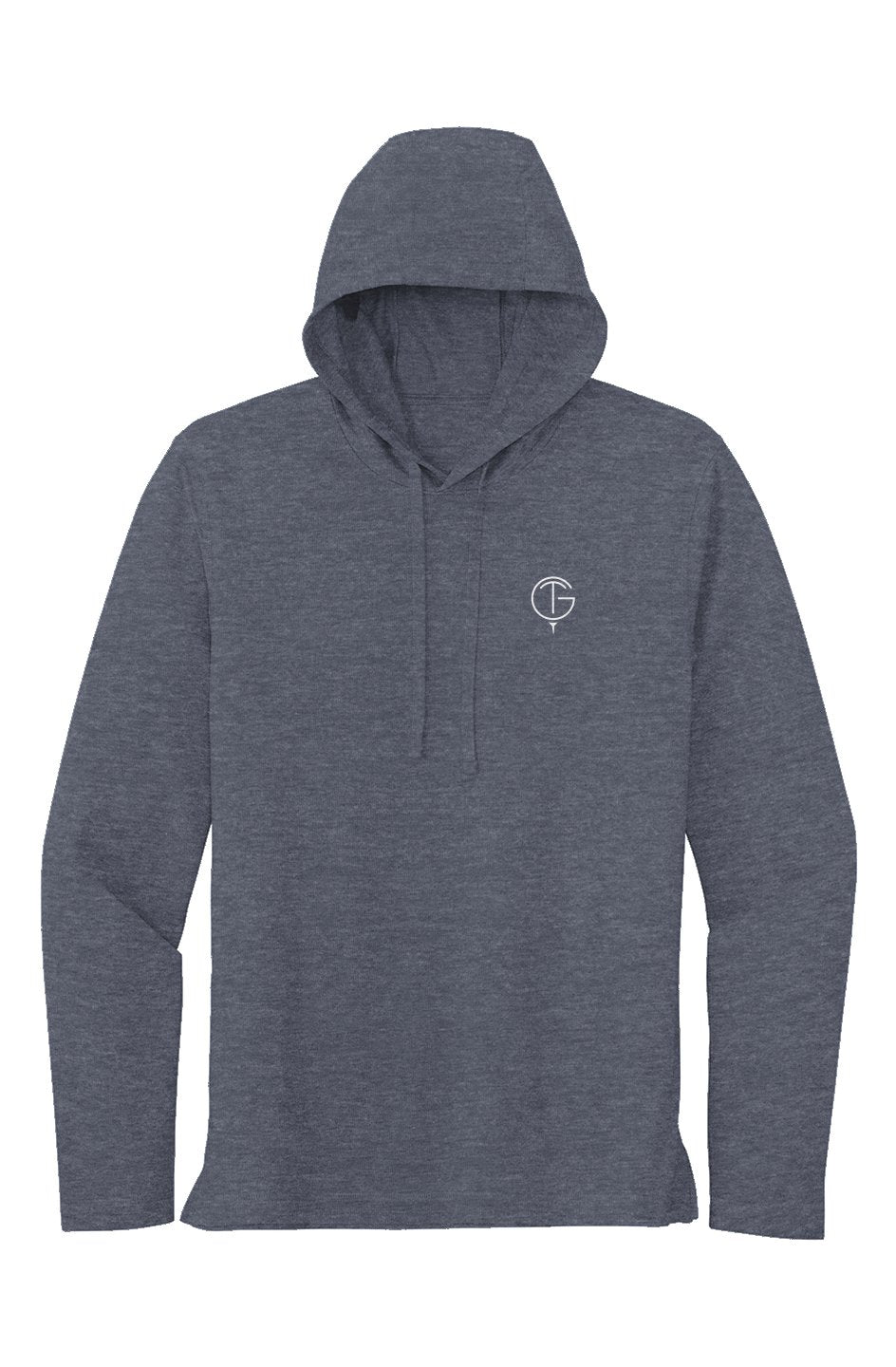 Lightweight heathered blue Sport Tek Long Sleeve Hoodie with a front kangaroo pouch pocket and subtle logo on chest.