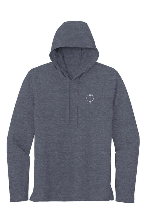 Lightweight heathered blue Sport Tek Long Sleeve Hoodie with a front kangaroo pouch pocket and subtle logo on chest.