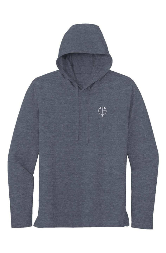 Lightweight heathered blue Sport Tek Long Sleeve Hoodie with a front kangaroo pouch pocket and subtle logo on chest.