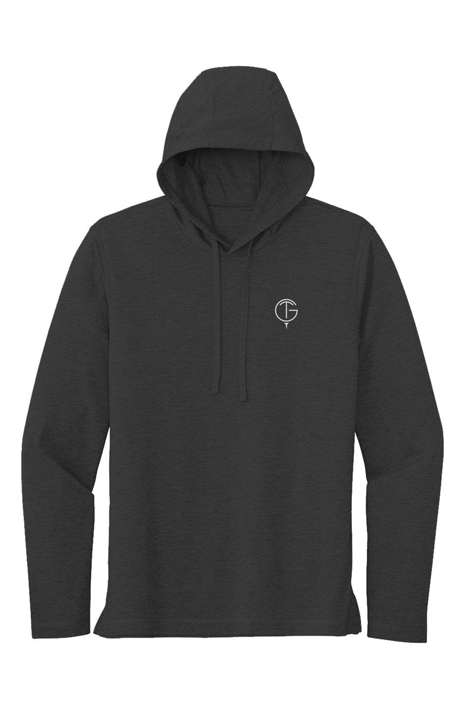 Charcoal grey lightweight cotton-blend Sport Tek Long Sleeve Hoodie with a small white GolfThing logo on the chest and a drawstring hood.