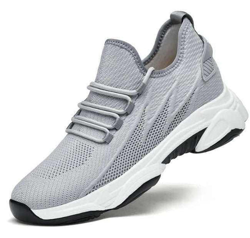 GolfThing Cushion-1 Golf Trainers in grey breathable mesh with a knit pattern, elastic lace bands and chunky cushioned sole.