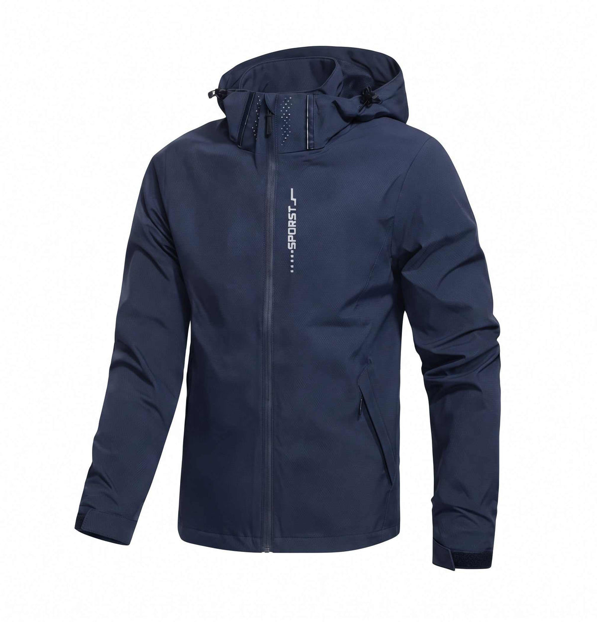 Navy blue golf jacket with a brand logo on a white background