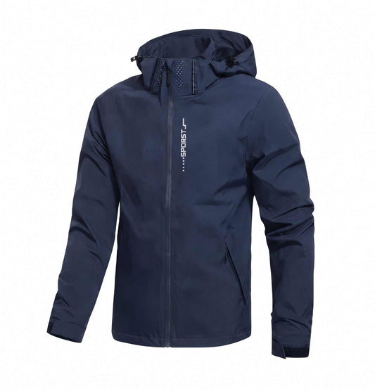 Navy blue golf jacket with a brand logo on a white background