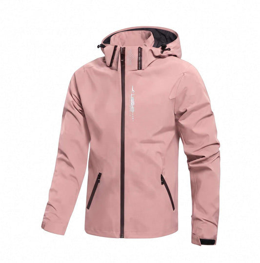 Pink golf jacket with black zippers on a white background