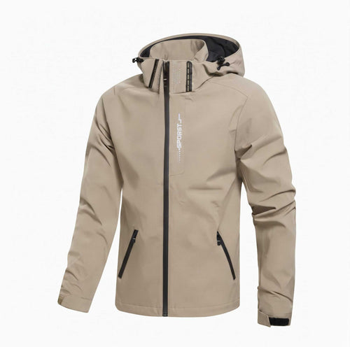 A beige hooded golf jacket with black zippers and a white vertical 'LANGE' logo on the chest, shown against a plain white background.