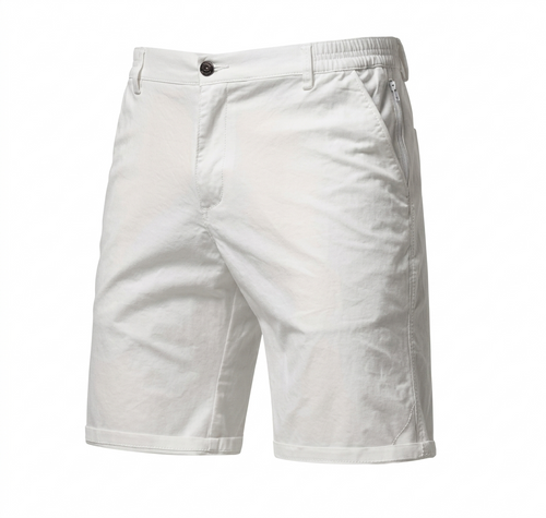 A pair of slim fit, straight leg white golf shorts with a tailored design.