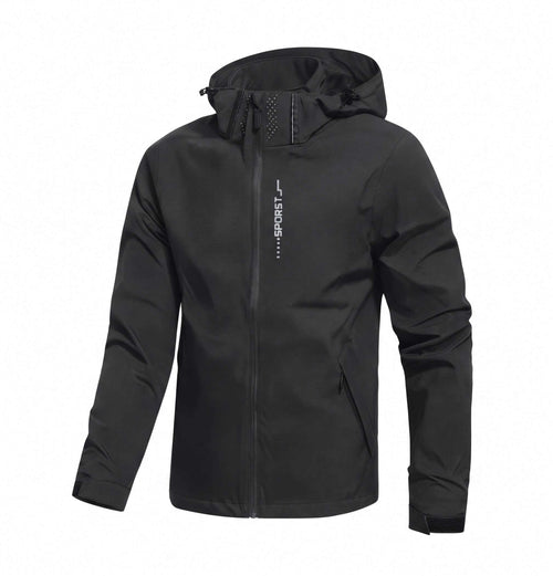 Black golf jacket with a brand logo on a white background
