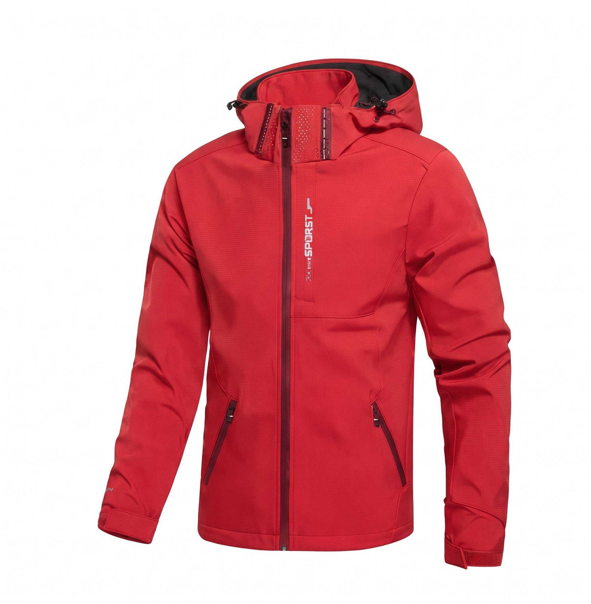A red hooded golf jacket with a full front zipper, zippered hand pockets, and a vertical white 'SPORT' logo on the left chest, shown against a plain white background.