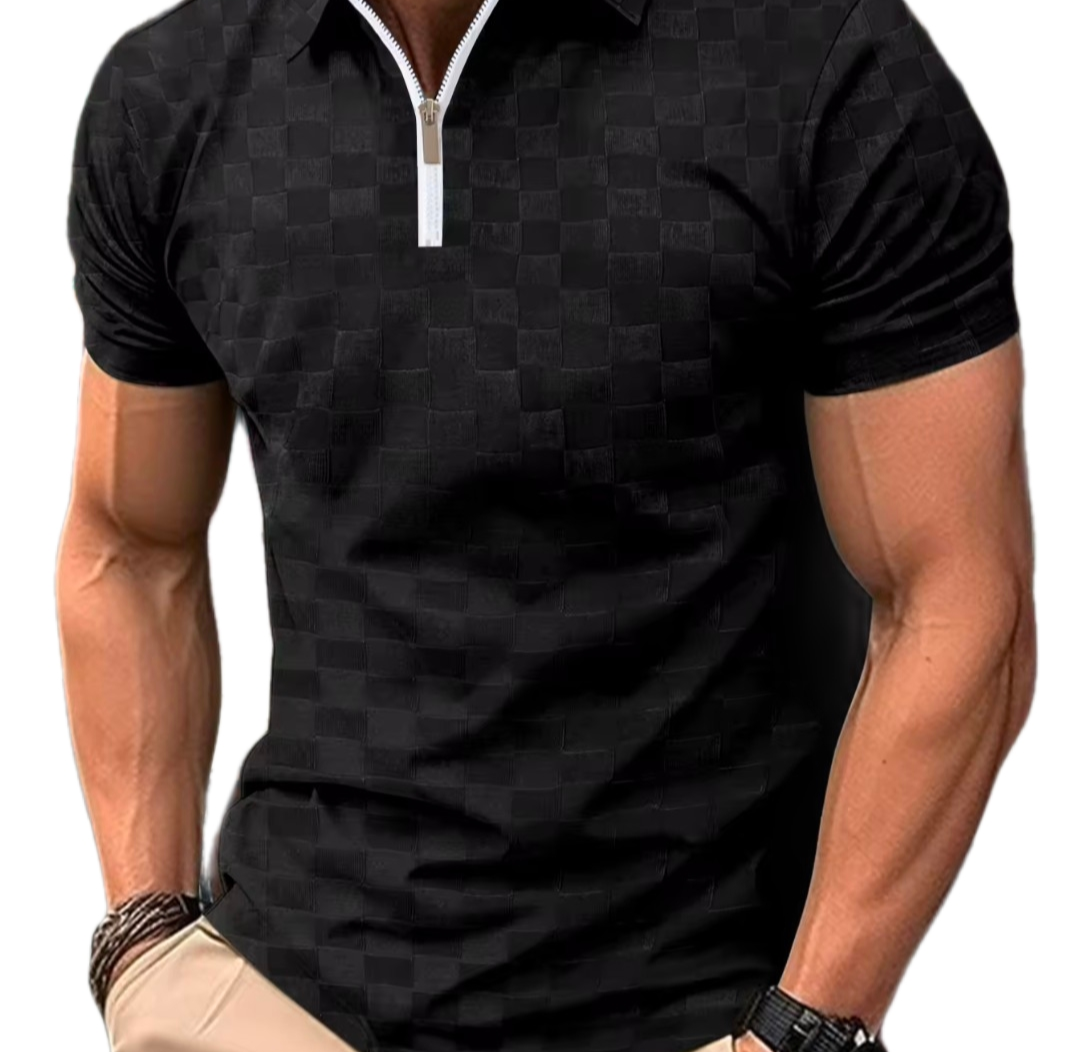 Men's Modern Quarter Zip Chequered Polo Shirt - Grey