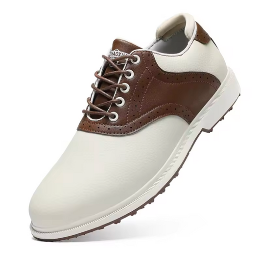 GolfThing Classic Golf Shoes - Soft Sole White & Brown