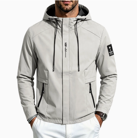 GolfThing Hybrid golf jacket in light grey polyester, with a hood, black drawcords, zip pockets and sleeve patch.