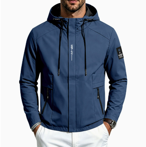GolfThing Hybrid jacket in navy blue with a smooth fabric finish, adjustable hood, front zip and secure side pockets.