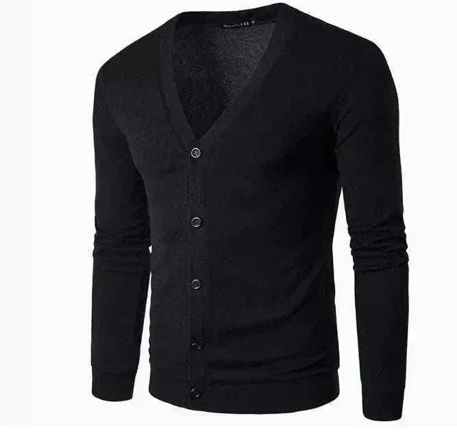 Golf Cardigan in solid black knit with a V-neck, front buttons, long sleeves and ribbed cuffs and hem