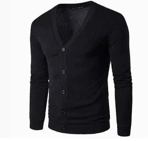 Golf Cardigan in black knit with a V-neck, front buttons, long sleeves, and ribbed cuffs and hem