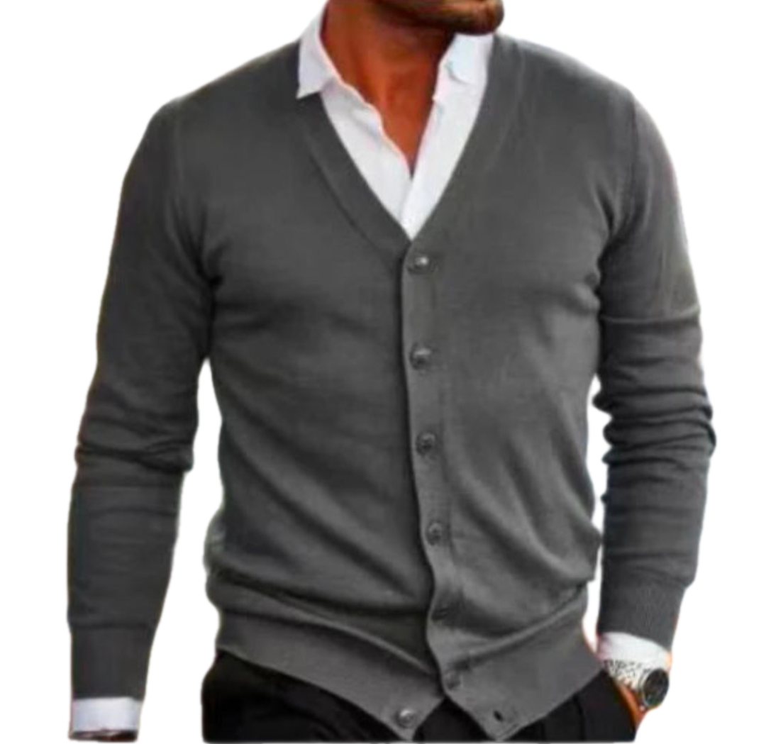 Golf Cardigan in charcoal gray knit with a V-neck button-down front, ribbed cuffs, and a classic solid design