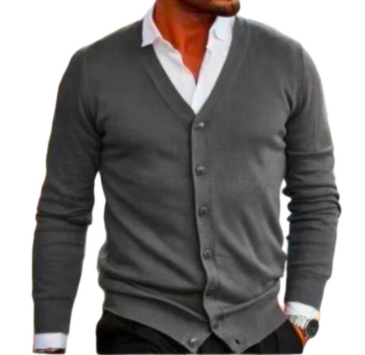 Golf Cardigan in charcoal gray knit with a V-neck button-down front, ribbed cuffs, and a classic solid design