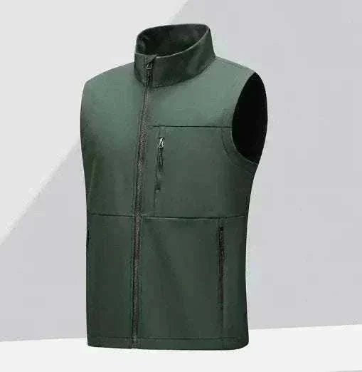 Golf gilet in dark olive soft-shell fabric with a high stand collar, full front zip and multiple zip pockets