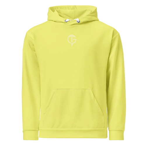 Golf Hoodie in bright light yellow with a plain finish, drawstring hood, front kangaroo pocket and small chest logo