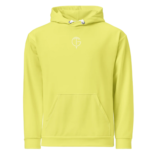 Golf Hoodie in bright light yellow with a plain finish, drawstring hood, front kangaroo pocket and small chest logo