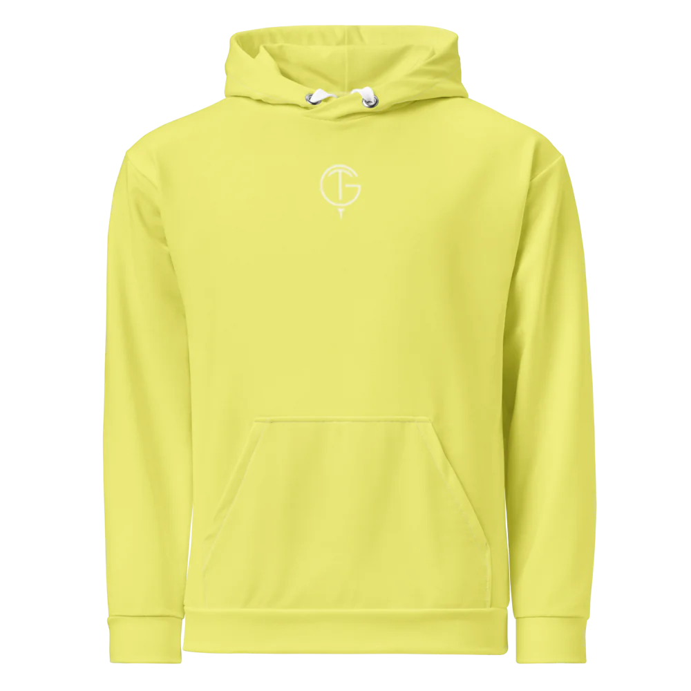 Golf Hoodie in bright light yellow with a minimalist white chest logo, drawstring hood and front kangaroo pocket