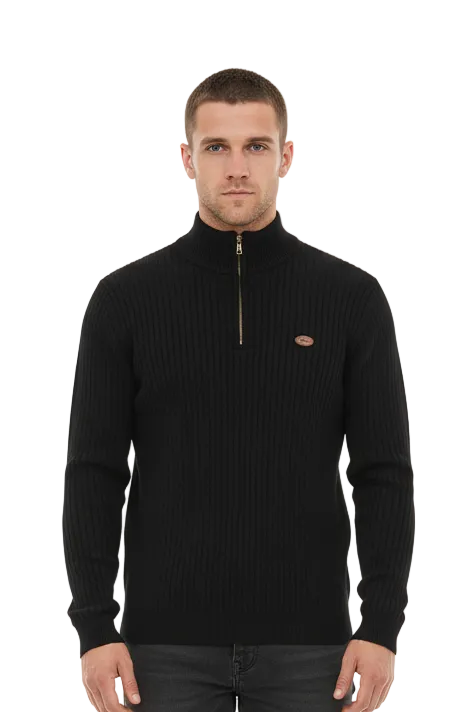 Golf Jumper in black ribbed knit with a short gold-tone quarter zip, high collar and small chest logo