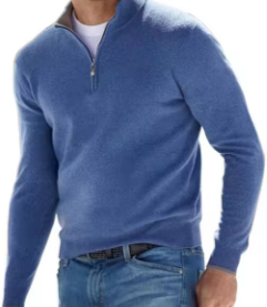 Golf jumper in blue knit fabric with a classic quarter-zip neckline, long sleeves, ribbed cuffs and hem