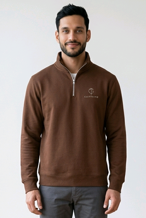 Golf jumper in brown fleece with a stand collar, silver quarter zip, ribbed cuffs and waistband, and small chest logo