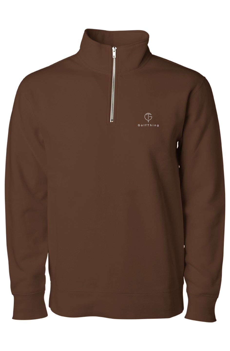 Golf jumper in solid brown fleece with a stand collar, silver quarter-zip and small GolfThing chest logo
