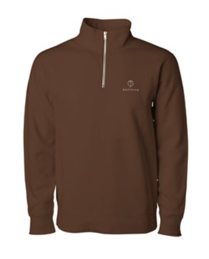 Golf jumper in solid brown fleece with a stand collar, silver quarter zip, and small embroidered chest logo