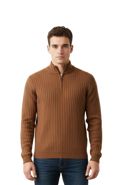 Golf Jumper in brown ribbed knit with a quarter-zip stand collar and long sleeves, worn by a model