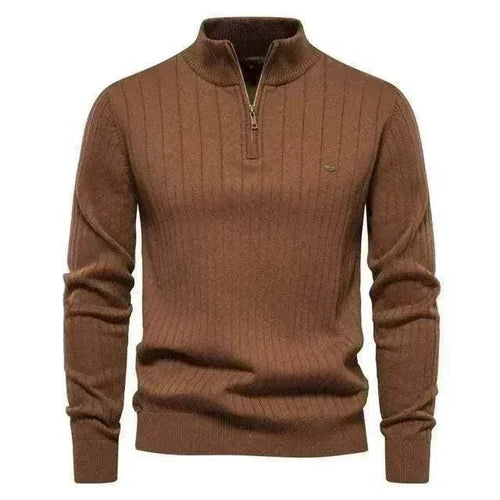 Golf Jumper in brown ribbed knit with a stand collar, quarter zip, long sleeves and ribbed cuffs