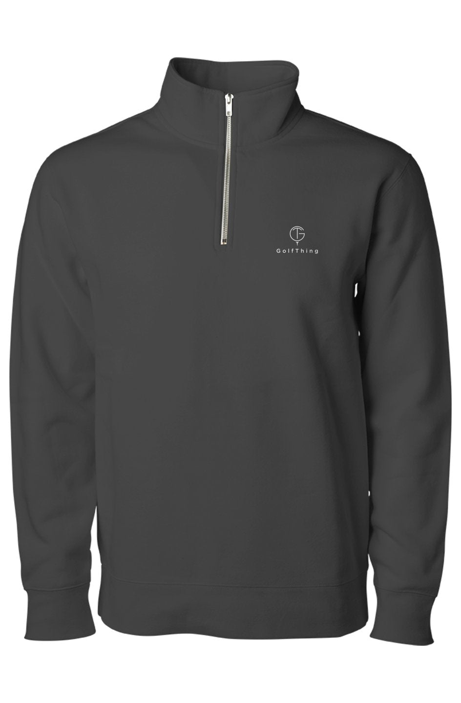 Golf jumper in dark charcoal fleece with a stand collar, silver quarter zip, small chest logo and ribbed cuffs