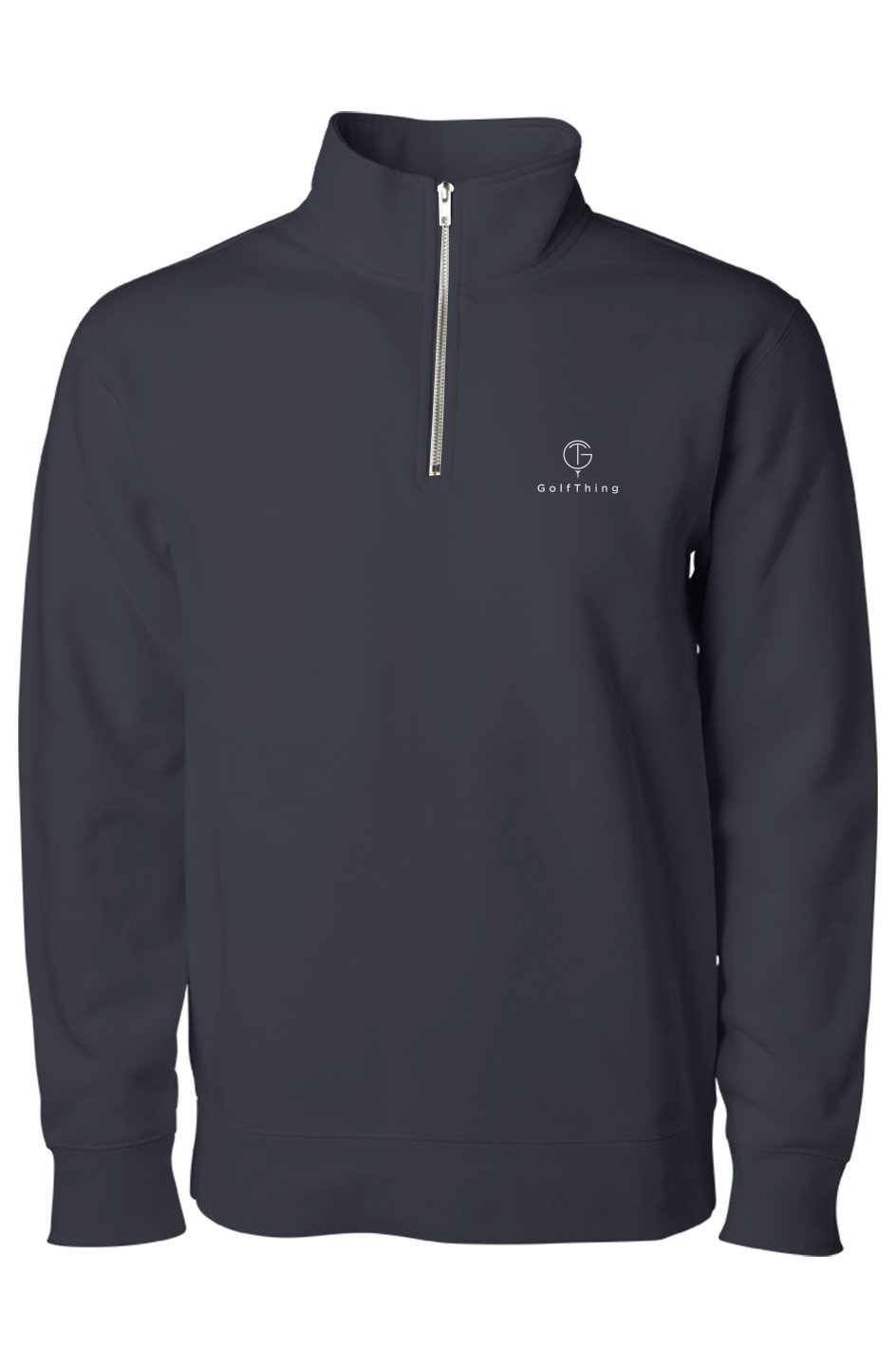 Golf jumper in charcoal fleece with a stand collar, silver quarter zip, ribbed cuffs and small chest logo