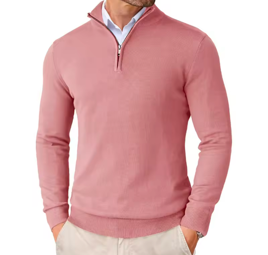 Golf Jumper in dusty rose fine-knit fabric, featuring a ribbed hem and cuffs with a silver quarter-zip collar