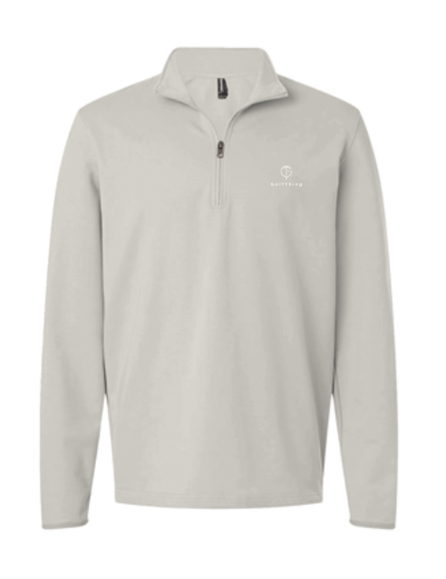 Golf jumper in light grey with a smooth, plain finish, featuring a stand collar, quarter-zip front and small chest logo