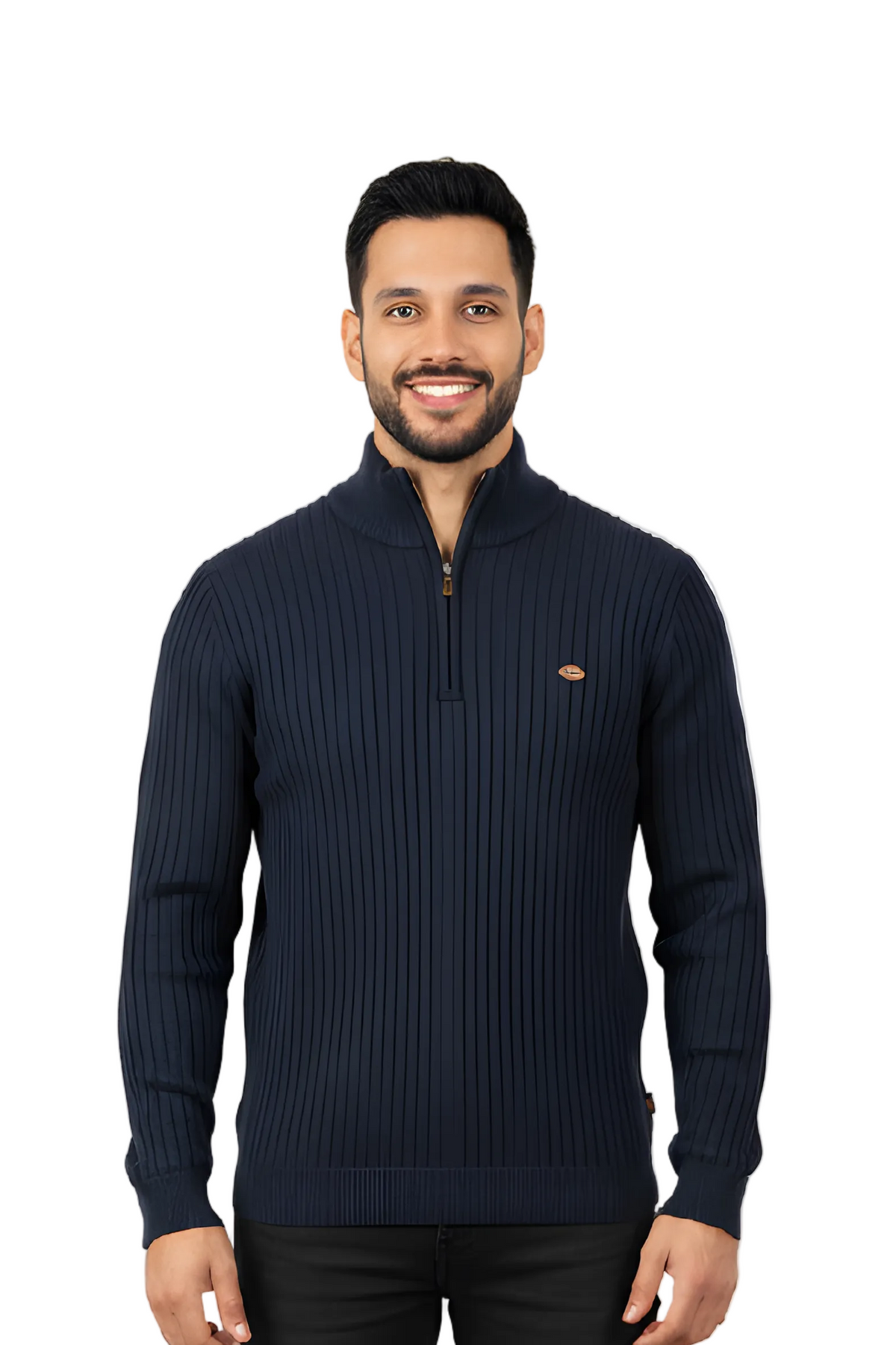 Golf jumper in dark navy ribbed knit with a stand collar, short zip neckline and small chest emblem