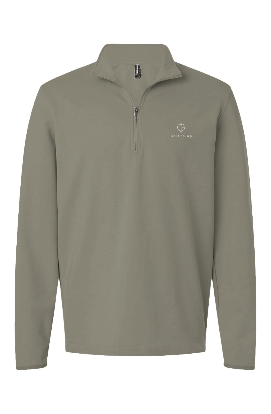 Golf jumper in muted olive-grey fabric with a raised collar, quarter zip, long sleeves and small chest logo