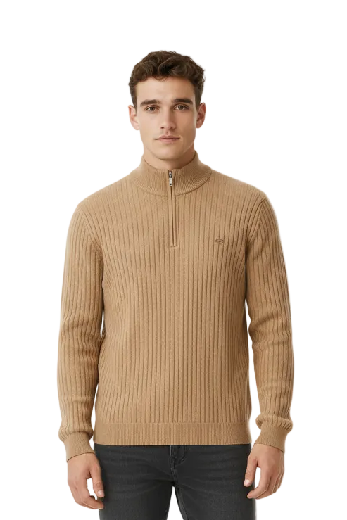 Golf Jumper in tan ribbed knit with a high collar, quarter zip, and small embroidered chest logo