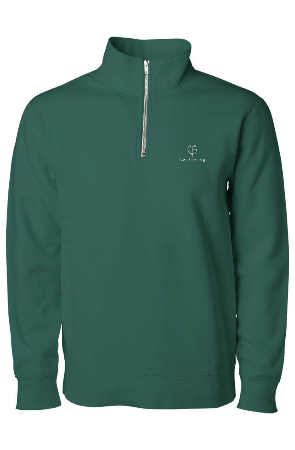 Golf jumpers quarter-zip pullover in deep green fleece with a stand collar, silver zipper and small chest logo