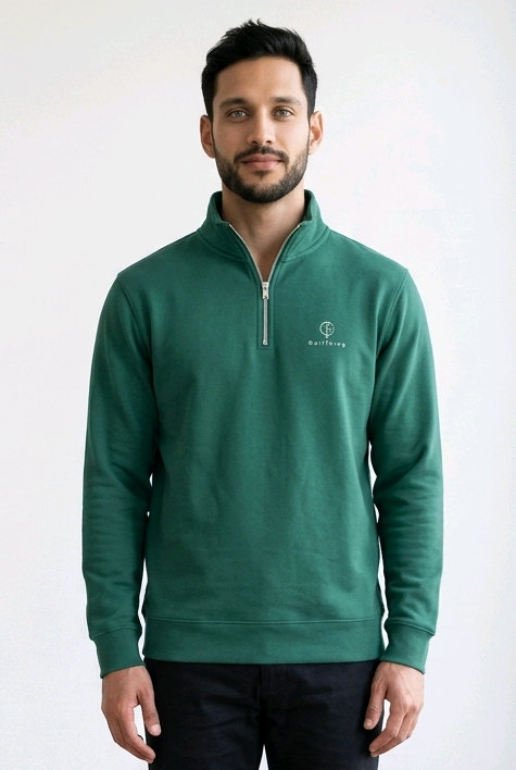 Golf jumpers include a green fleece pullover with a silver quarter-zip, ribbed cuffs and waistband, and small chest logo