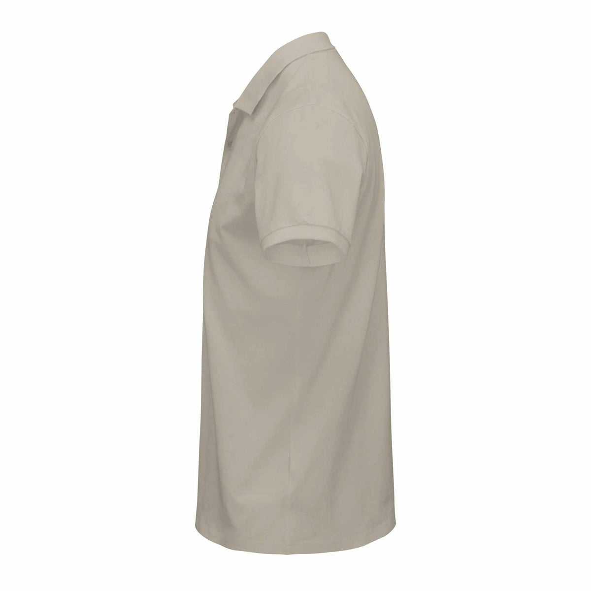 Golf polo shirt in plain light beige cotton, shown from the side with short sleeves, a folded collar and two-button placket