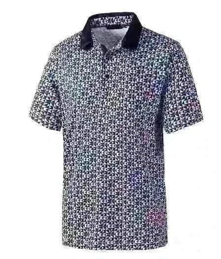 Golf polo shirt with a dense black and white geometric print, short sleeves, and a solid dark collar