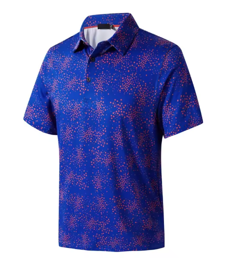 Golf polo shirt in royal blue with a red dotted print, short sleeves, a classic collar and button placket