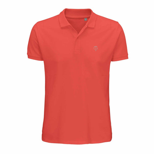 Golf Polo Shirt in coral red cotton with short sleeves, a ribbed collar, two-button placket and small chest logo