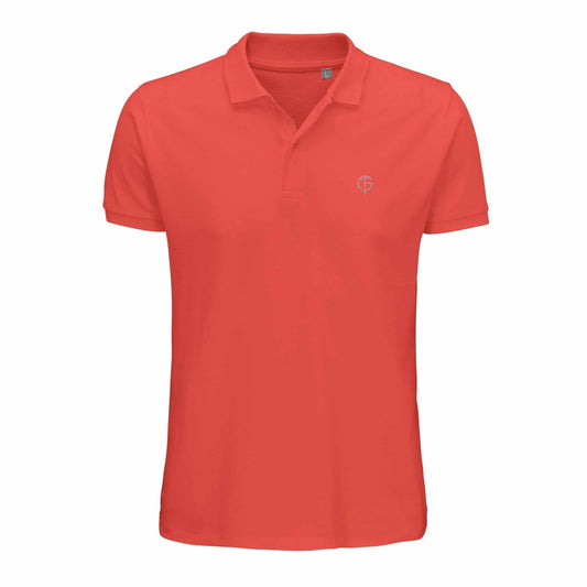 Golf Polo Shirt in coral red cotton with short sleeves, a ribbed collar, two-button placket and small chest logo