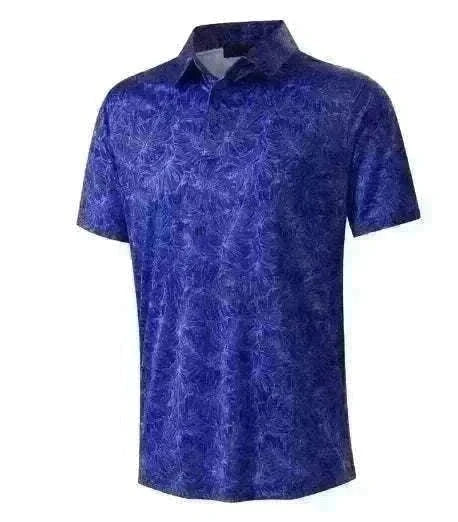 Golf polo shirt in deep blue with a subtle swirling tonal pattern, short sleeves, a classic collar and button placket