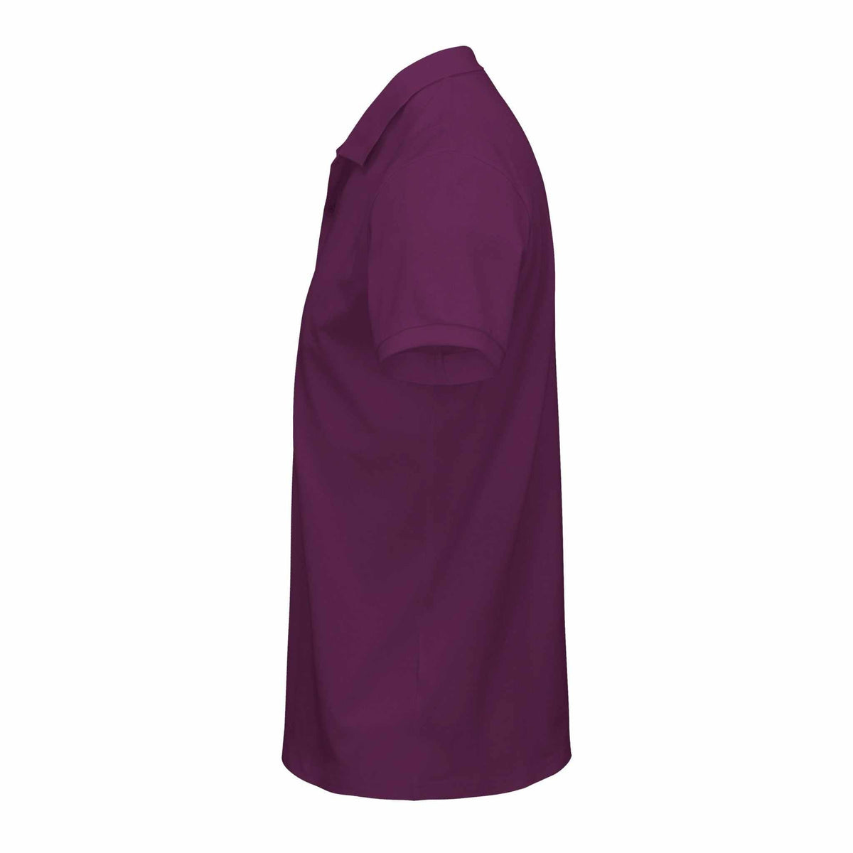 Golf polo shirt in deep purple cotton, shown from the side with short sleeves and a classic ribbed collar.